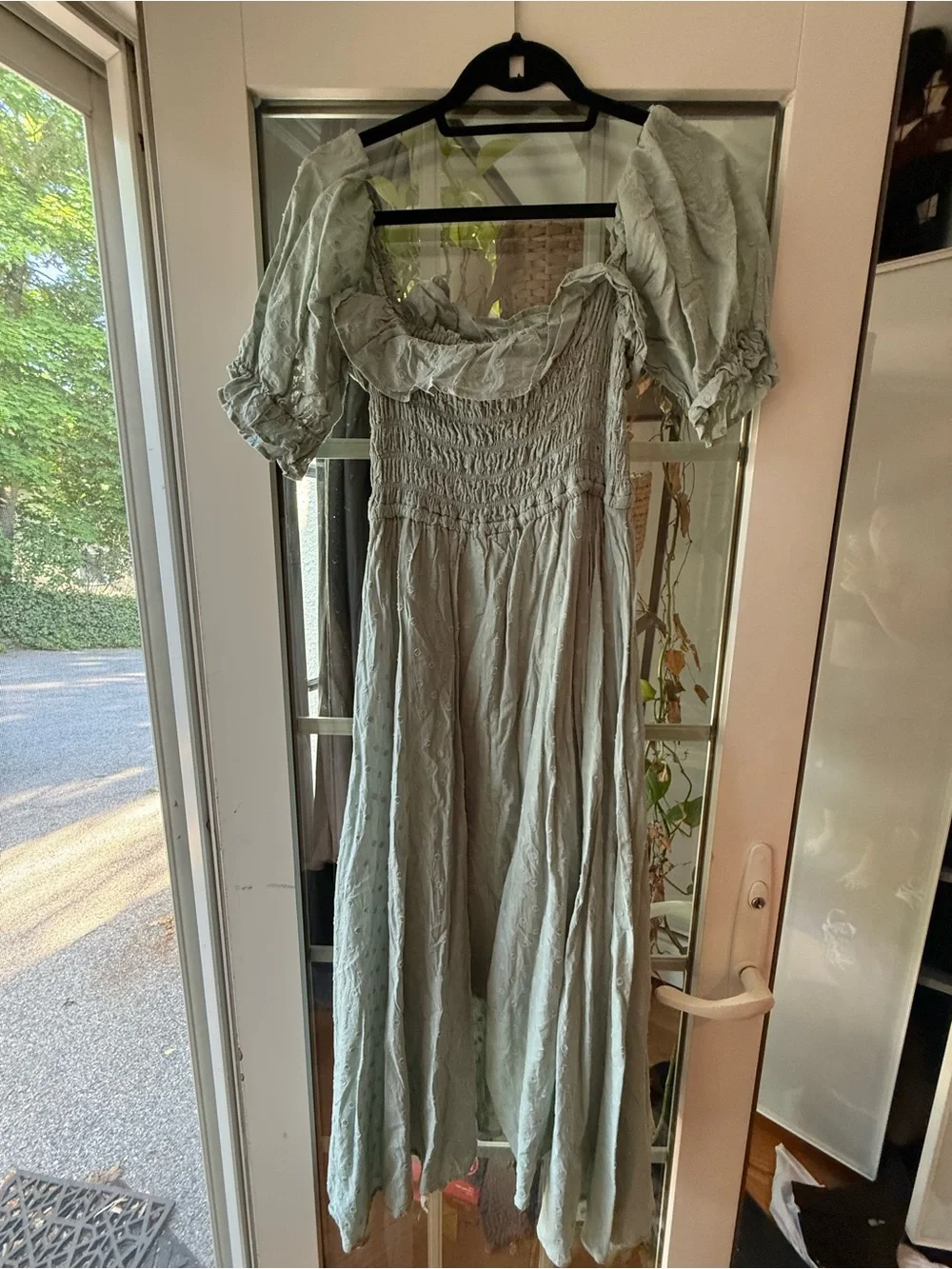 Smocked Midi Dress with Puff Sleeves in Sage Green - Picture 2 of 5